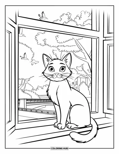 Desenho de animais de estimação para colorir para crianças: Um gato curioso senta quietinho apreciando a vista pela janela