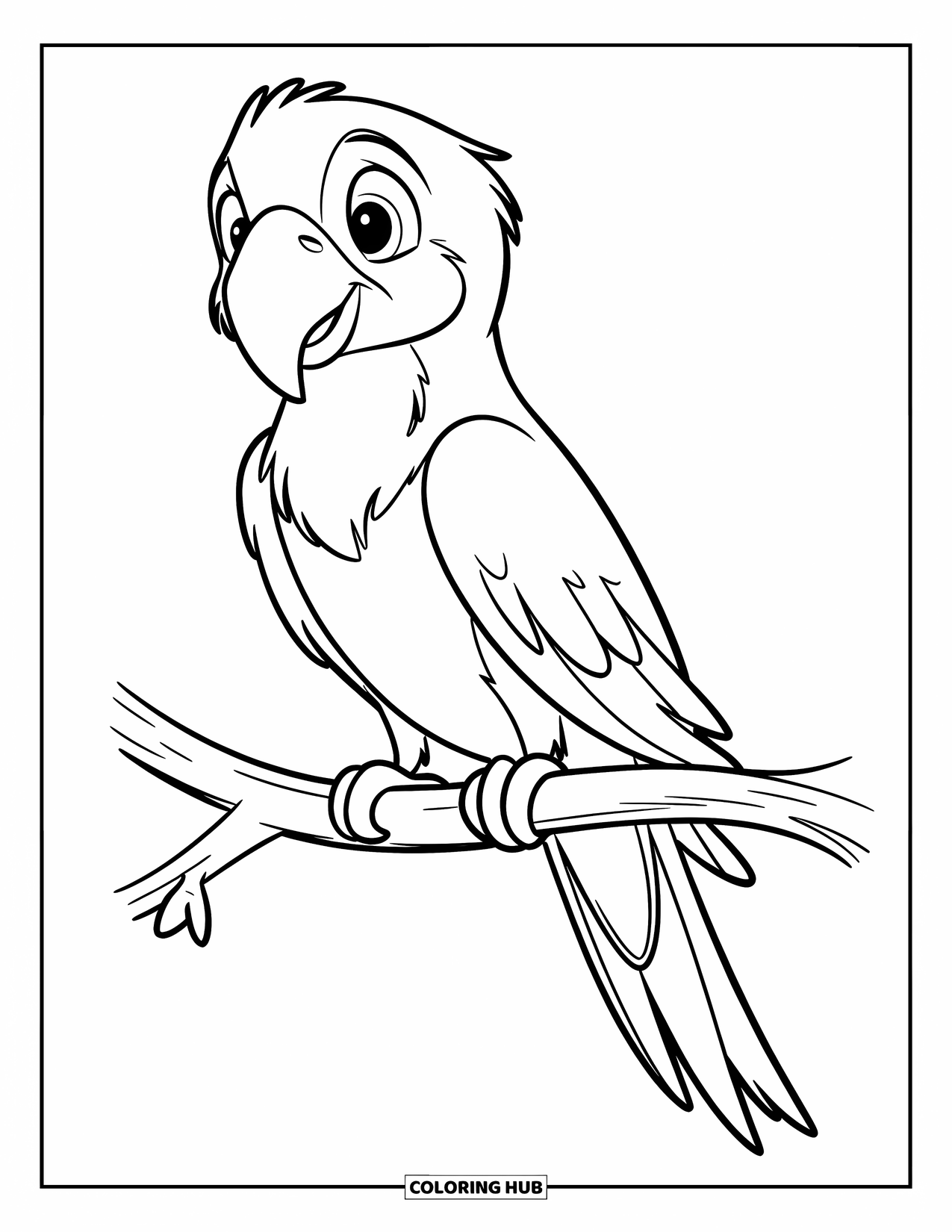Pet Coloring Page for Kids: A curious parrot with round eyes rests quietly on a flexible branch