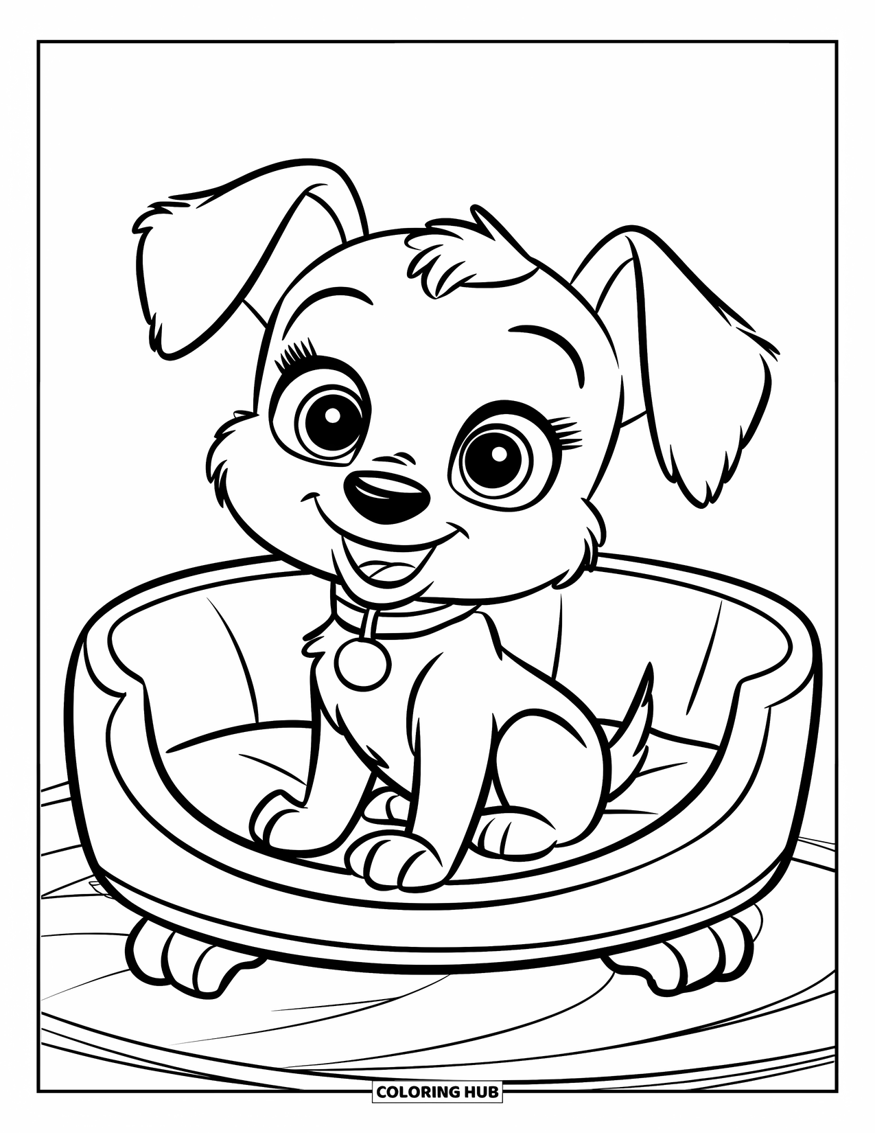 Pet Coloring Page for Kids: A cute puppy relaxes in a round bed on a wooden stand