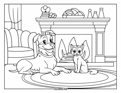 Desenho de animais de estimação para colorir para crianças: Um cachorro e um gato relaxam perto de uma lareira quentinha em um quarto aconchegante