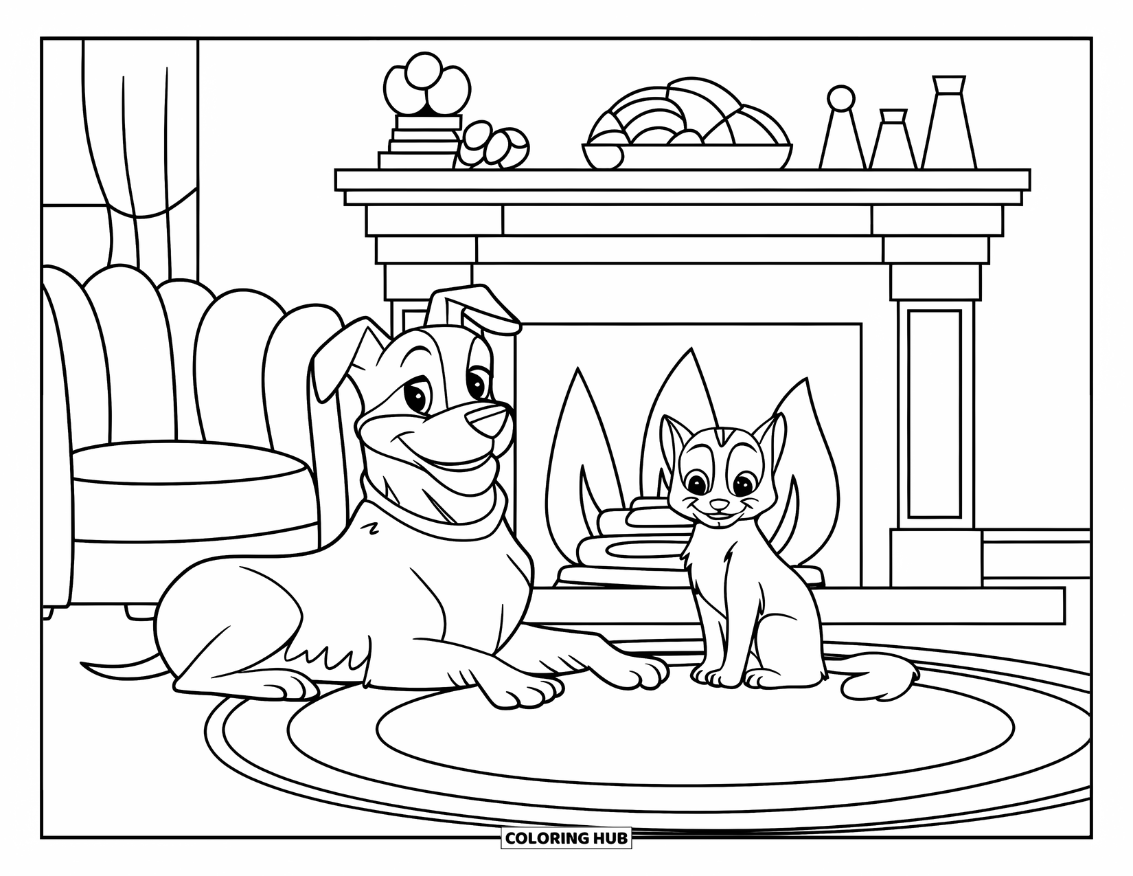 Pet Coloring Page for Kids: A dog and cat unwind by a warm fireplace in a peaceful room
