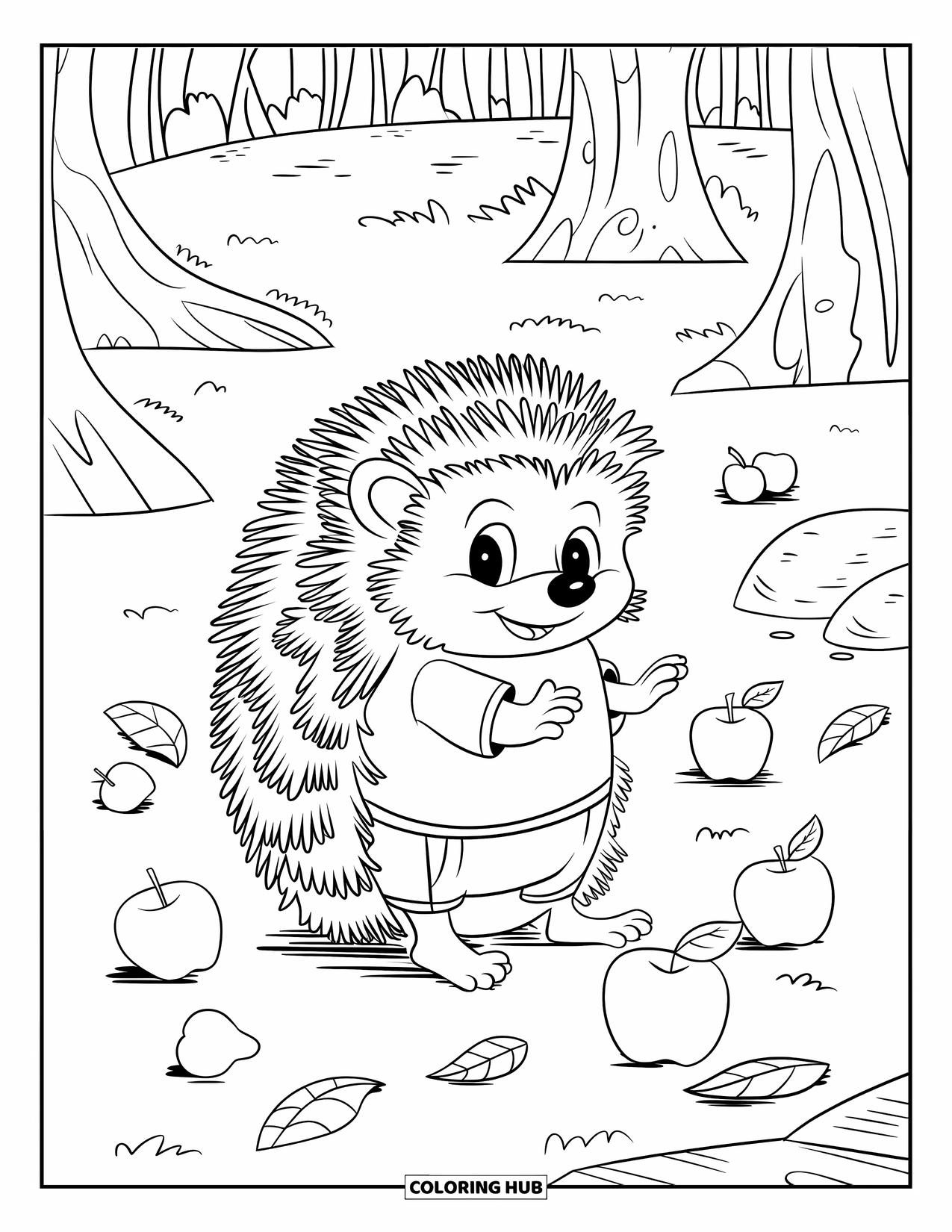 Pet Coloring Page for Kids: A dressed-up hedgehog enjoys a forest scene filled with apples