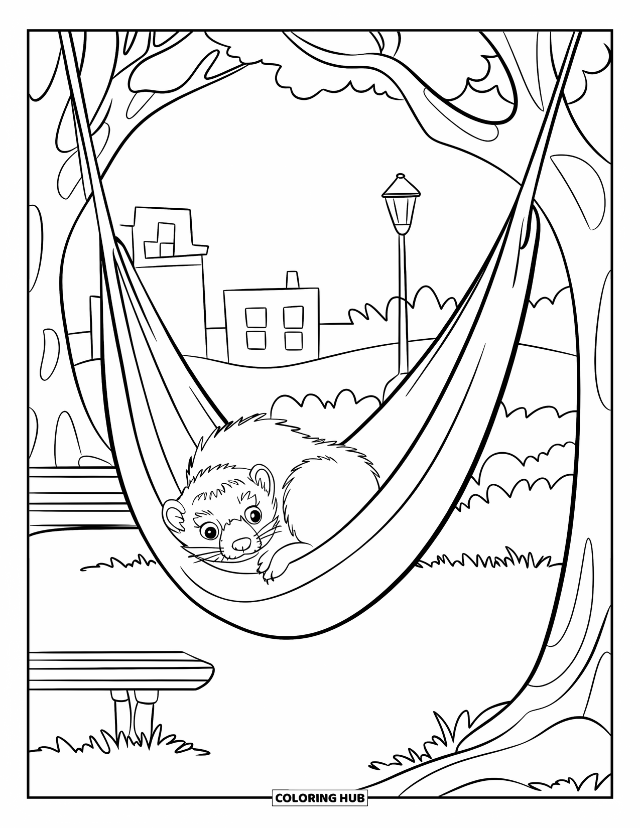 Pet Coloring Page for Kids: A ferret snoozes in a hammock hanging in a park