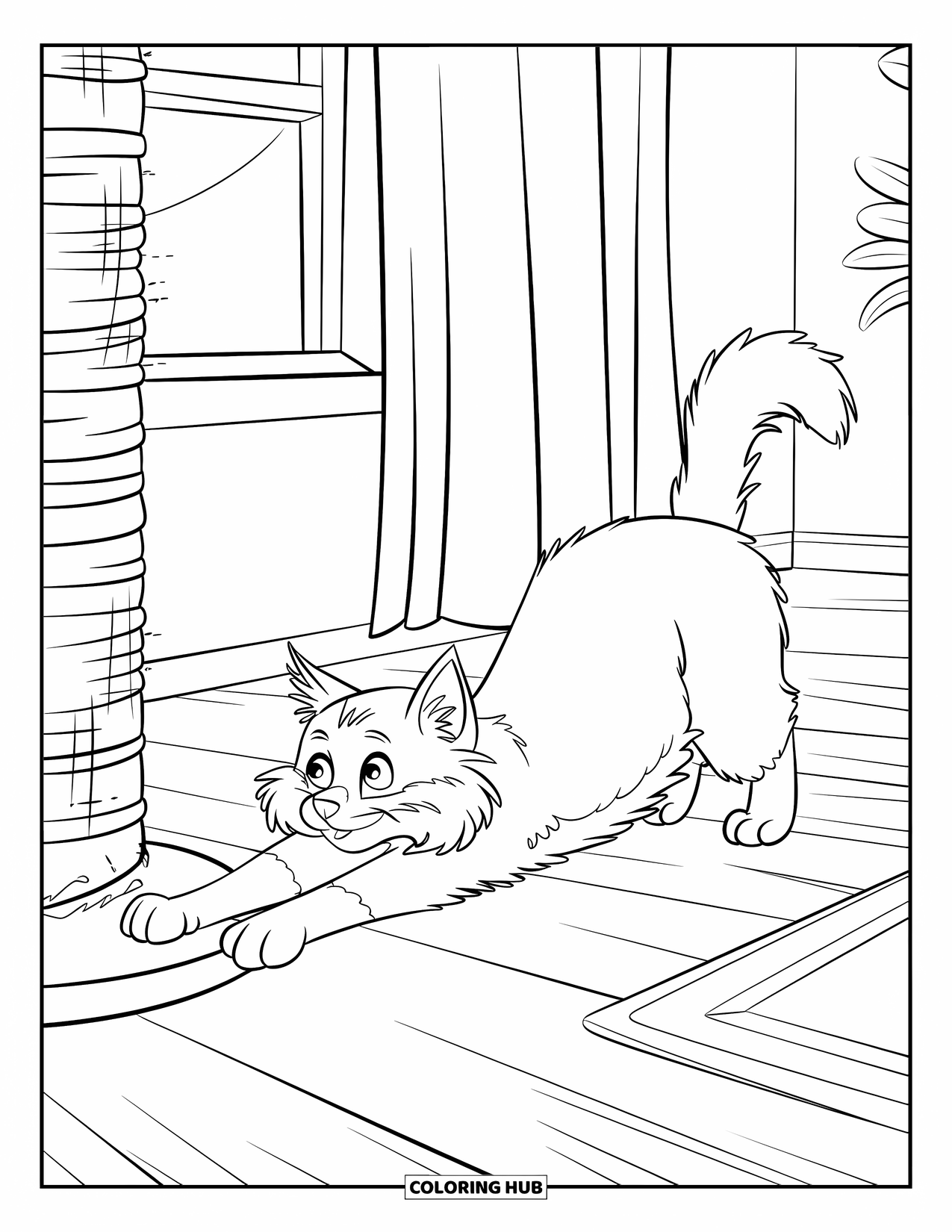 Pet Coloring Page for Kids: A fluffy cat stretches near a post in a cozy room