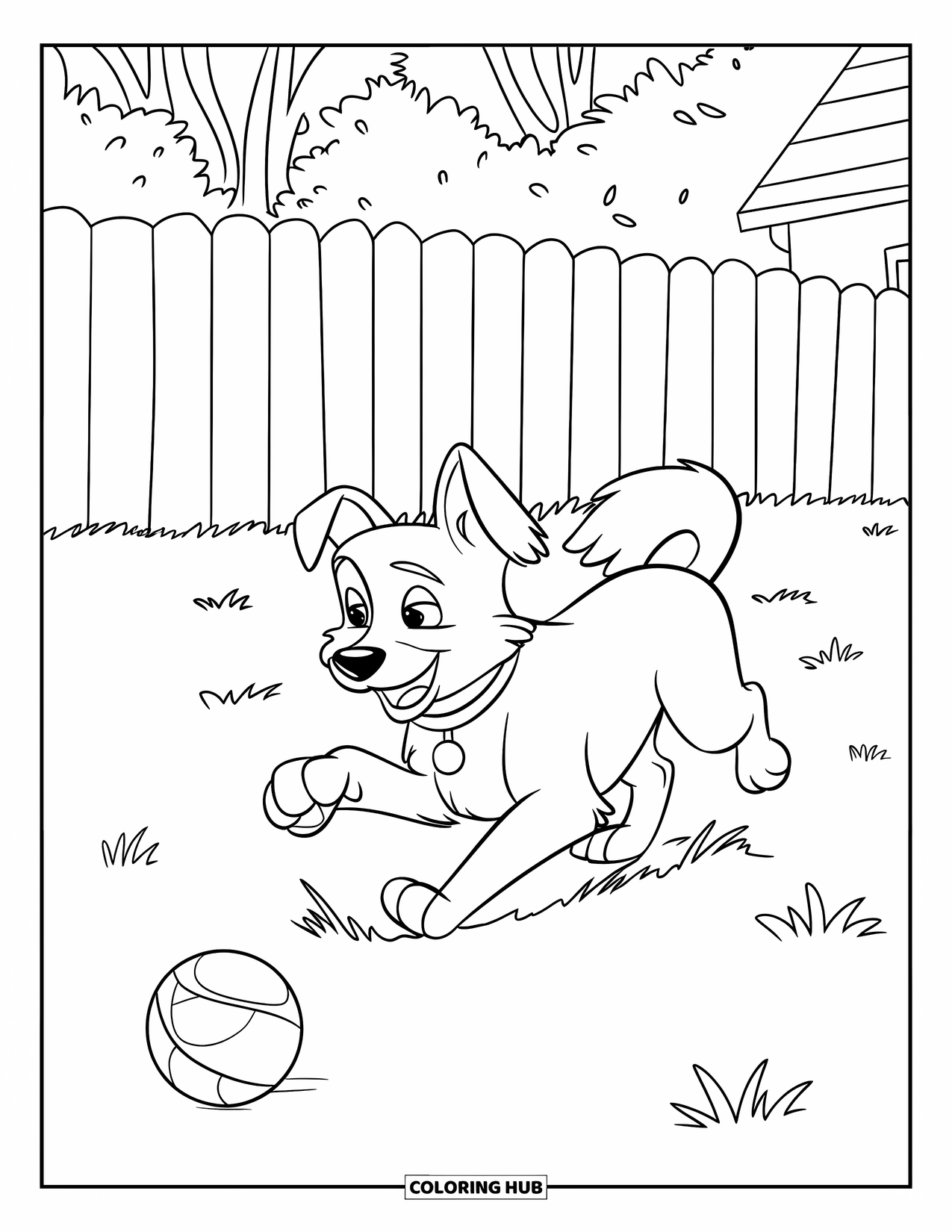 Pet Coloring Page for Kids: A fluffy dog chases a ball in a grassy backyard