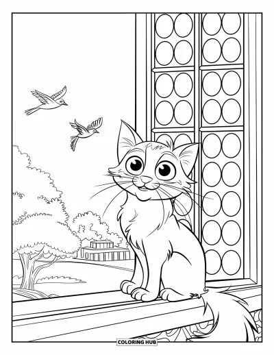 Desenho de animais de estimação para colorir para crianças: Um gato de cauda fofa contempla a paisagem tranquila lá fora