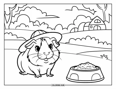Desenho de animais de estimação para colorir para crianças: Um porquinho-da-índia com chapéu descansa com comida perto de uma cena tranquila