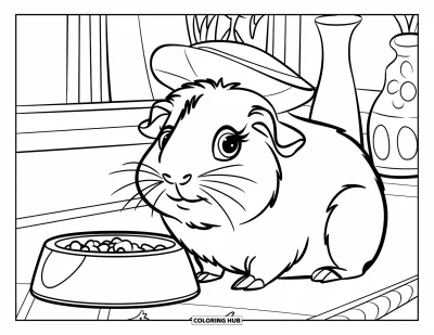Desenho de animais de estimação para colorir para crianças: Um porquinho-da-índia com chapéu senta ao lado de sua tigela cheia