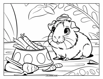 Desenho de animais de estimação para colorir para crianças: Um porquinho-da-índia com chapeuzinho mordisca perto de legumes e folhas