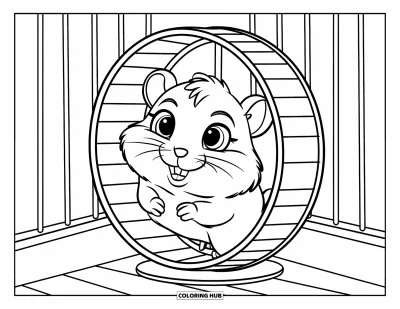 Desenho de animais de estimação para colorir para crianças: Um hamster corre feliz dentro da sua rodinha giratória