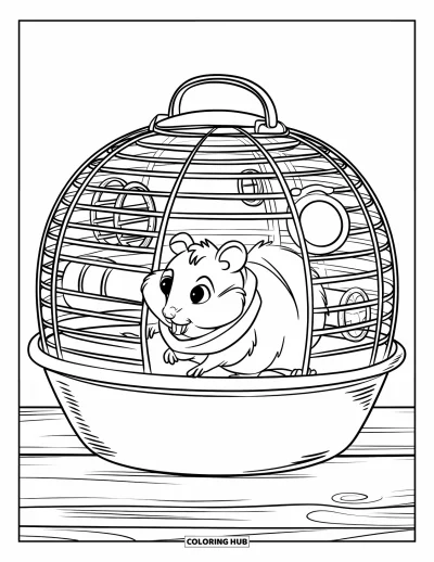 Desenho de animais de estimação para colorir para crianças: Um hamster com cachecol engatinha por uma gaiola cheia de brinquedos e tubos