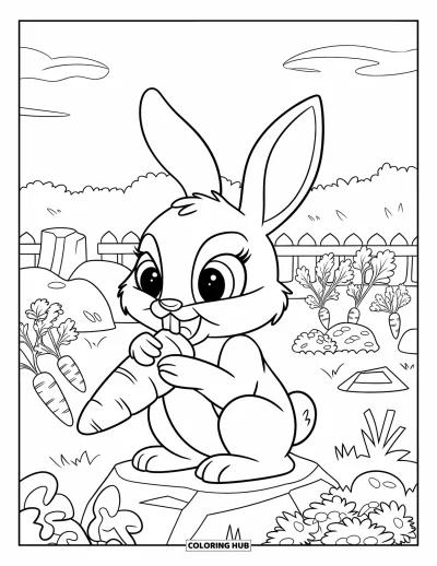 Desenho de animais de estimação para colorir para crianças: Um coelhinho feliz come uma cenoura entre flores e alfaces