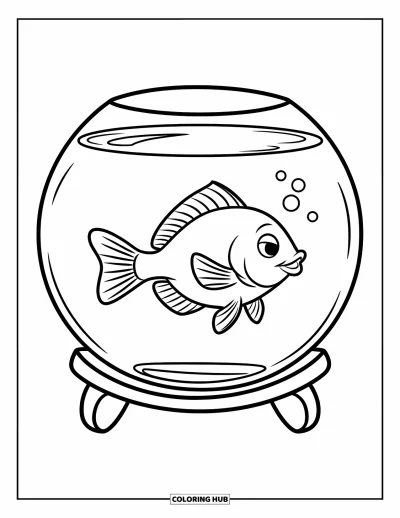 Desenho de animais de estimação para colorir para crianças: Um peixe feliz nada sozinho em uma redoma sobre um suporte