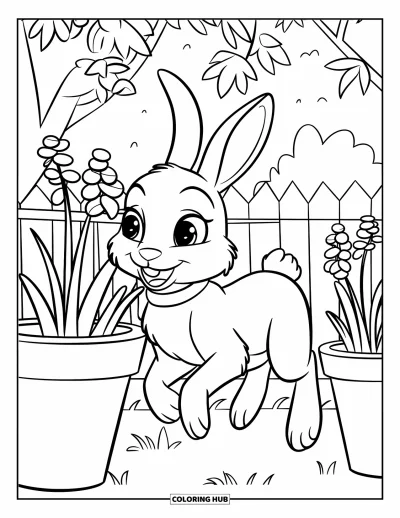 Desenho de animais de estimação para colorir para crianças: Um coelho feliz pula por entre vasos de flores num jardim ensolarado