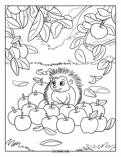 Desenho de animais de estimação para colorir para crianças: Um ouriço com chapéu descansa entre maçãs em um prado verde