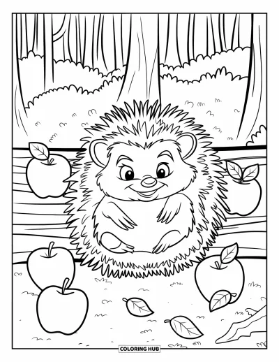 Desenho de animais de estimação para colorir para crianças: Um ouriço senta em um tronco cercado por maçãs e folhas crocantes