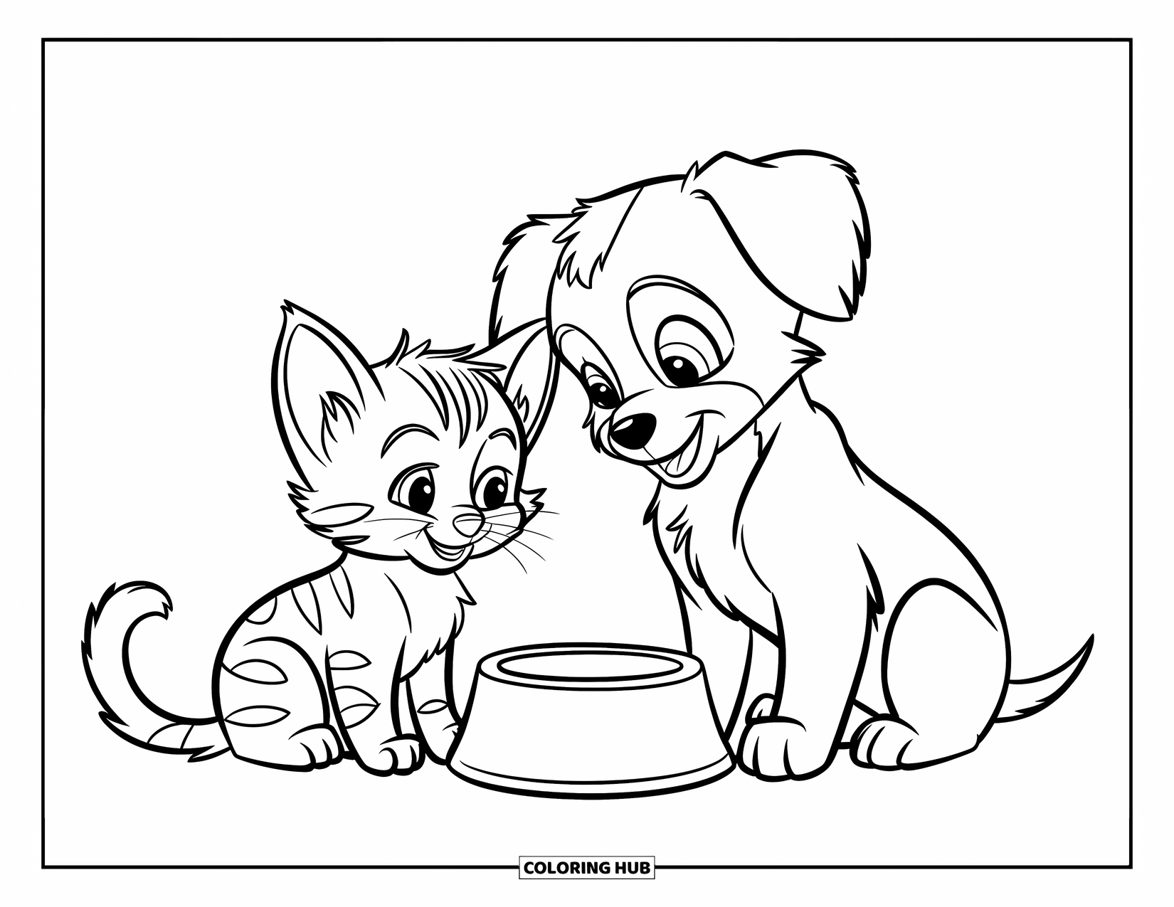 Pet Coloring Page for Kids: A kitten and puppy happily share a meal from the same bowl