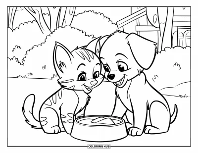 Desenho de animais de estimação para colorir para crianças: Um gatinho e um filhotinho dividem uma tigela num jardim gramado