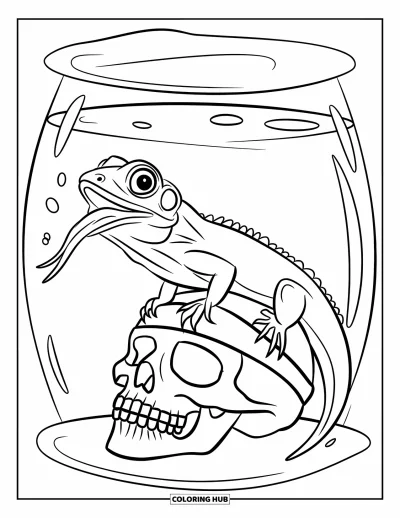 Desenho de animais de estimação para colorir para crianças: Um lagarto alerta se equilibra sobre uma caveira dentro do seu terrário