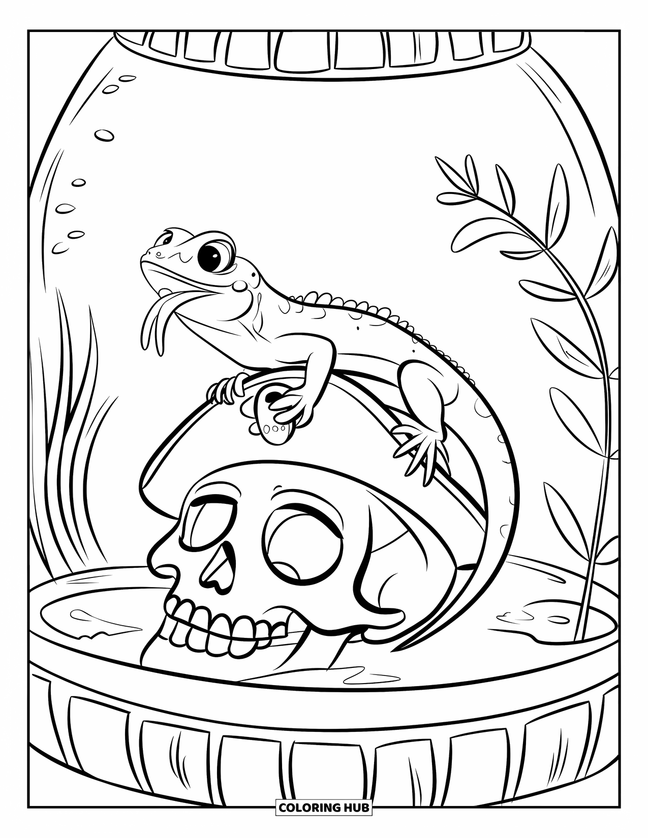 Pet Coloring Page for Kids: A lizard with its tongue out sits on a skull wearing a pirate hat