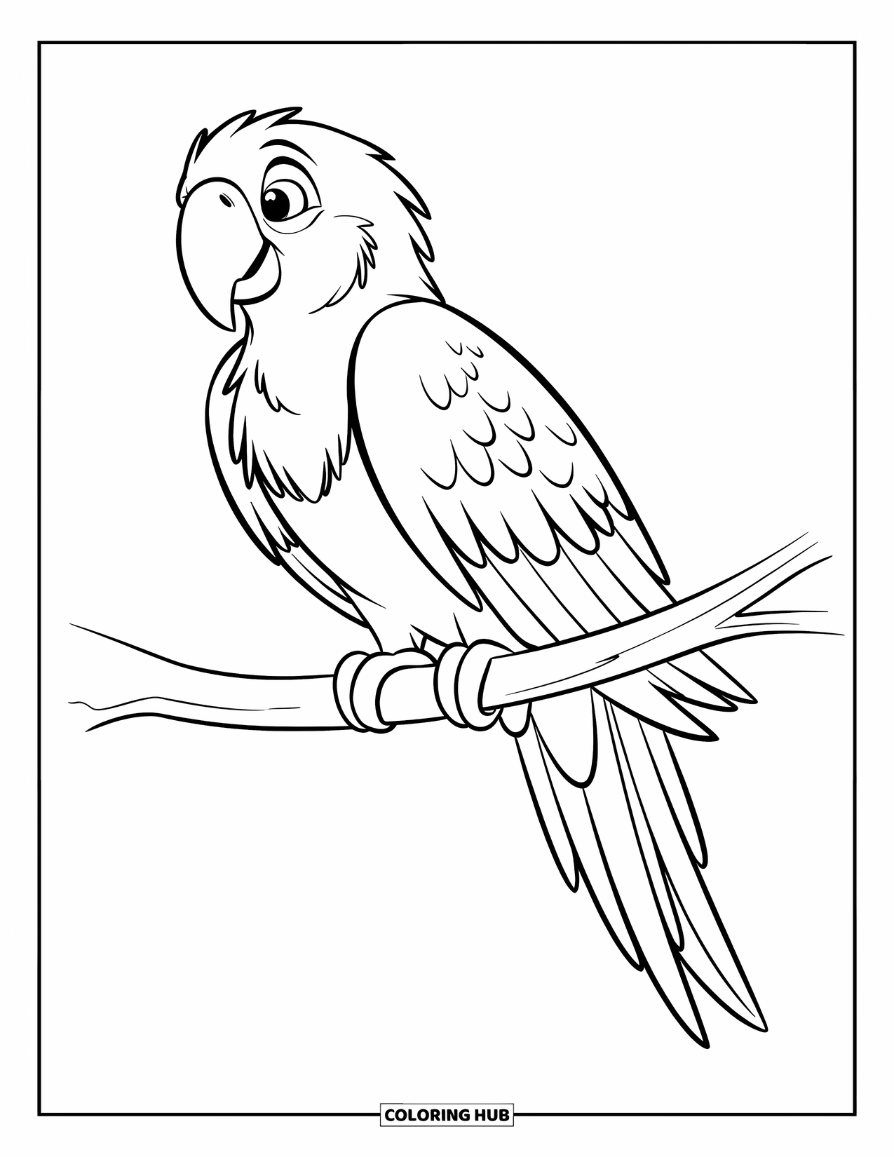 Pet Coloring Page for Kids: A parrot with a yellow beak perches on a delicate branch