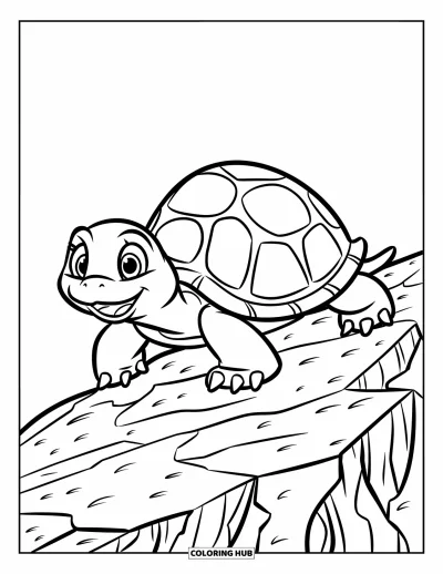 Desenho de animais de estimação para colorir para crianças: Uma tartaruga brincalhona engatinha animada por cima de uma pedra rachada