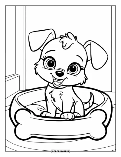 Desenho de animais de estimação para colorir para crianças: Um filhotinho de olhos grandes senta docemente em uma caminha em formato de osso