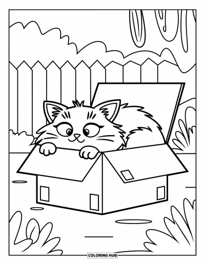 Desenho de animais de estimação para colorir para crianças: Um gato de rosto redondo tira uma soneca em uma caixa com plantas ao redor