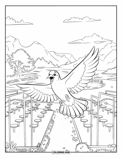 Desenho de animais de estimação para colorir para crianças: Um pássaro cantante voa alegre em um aviário verde e tranquilo