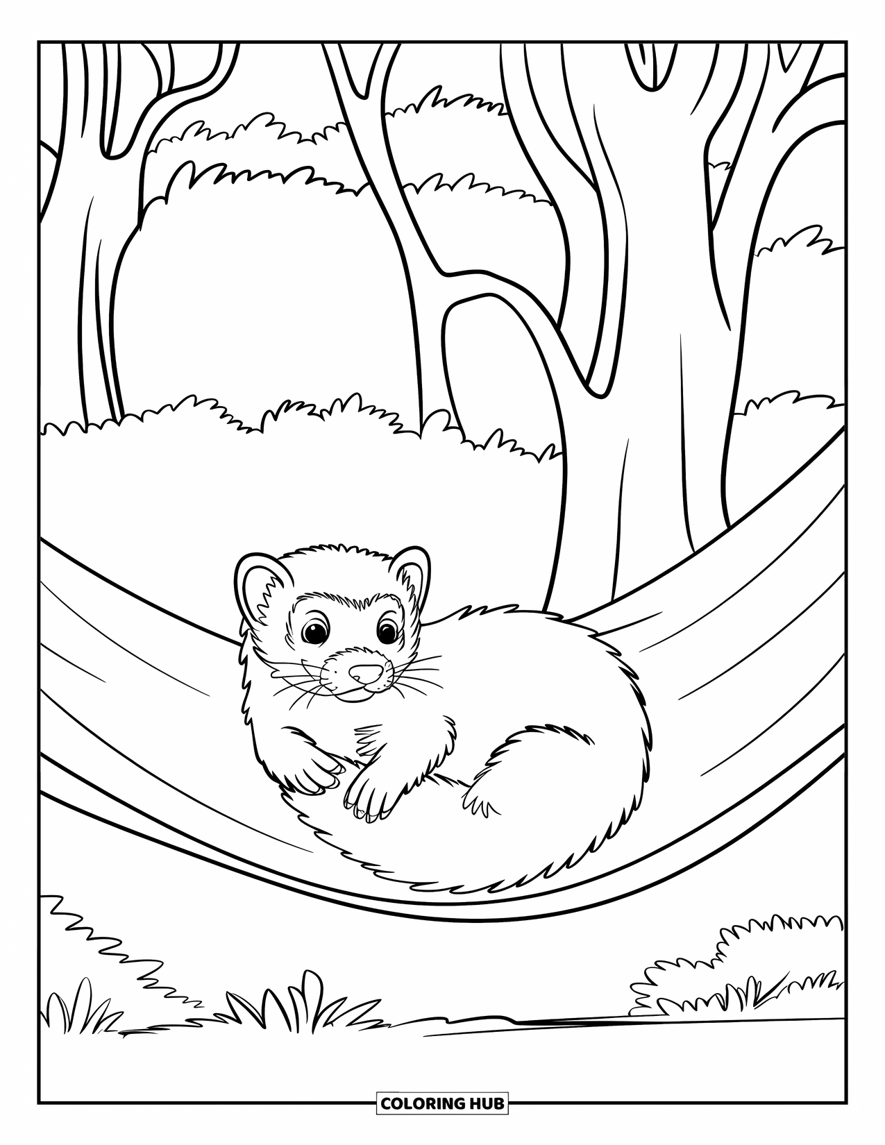 Pet Coloring Page for Kids: A sleepy ferret curls up comfortably in a cozy hammock