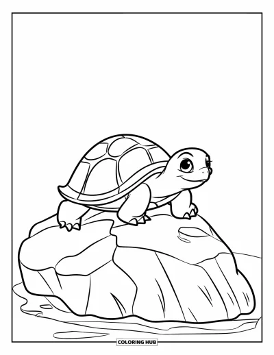 Desenho de animais de estimação para colorir para crianças: Uma tartaruga pequena se arrasta devagar por cima de uma pedra irregular