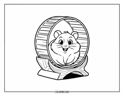Desenho de animais de estimação para colorir para crianças: Um hamster sorridente gira com alegria em uma rodinha pequena