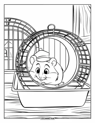 Desenho de animais de estimação para colorir para crianças: Um hamster pequenininho explora um túnel usando um chapeuzinho fofo