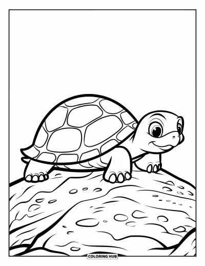 Desenho de animais de estimação para colorir para crianças: Uma tartaruga pequenininha se move por cima de uma pedra com textura áspera