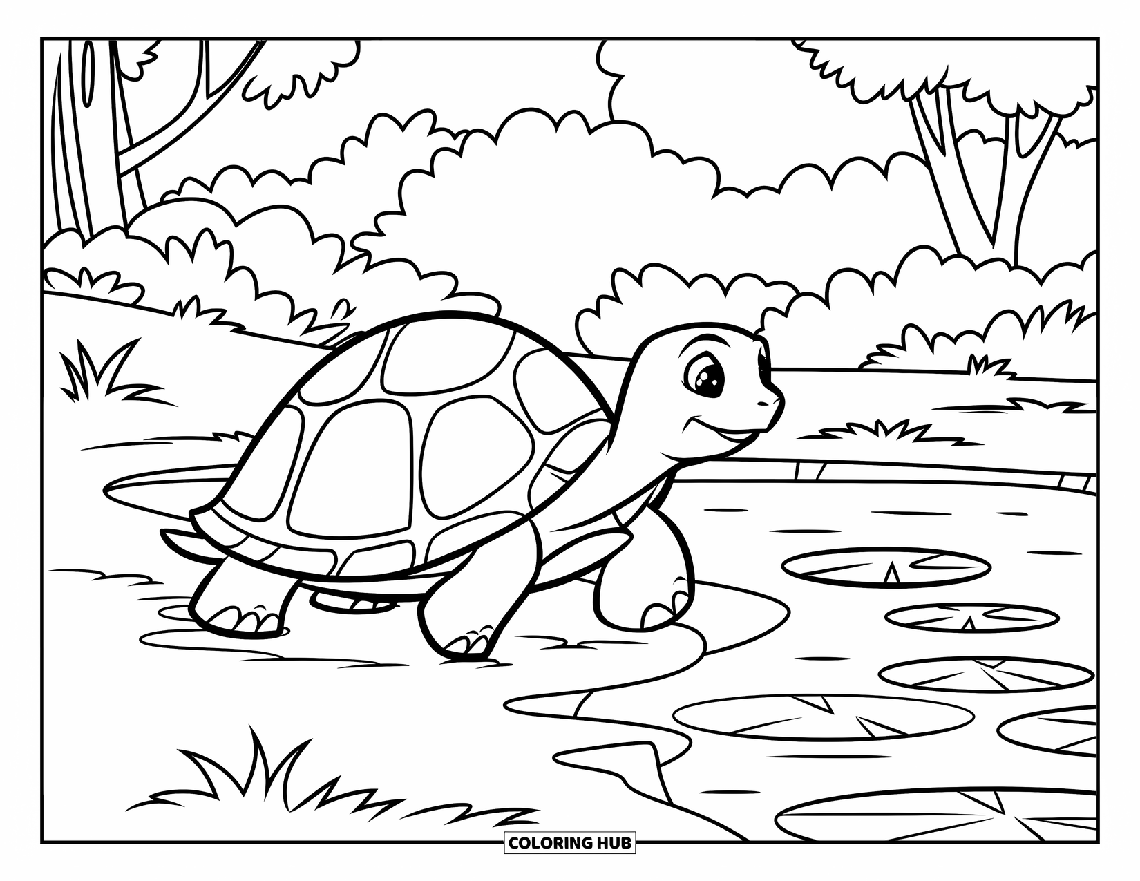 Pet Coloring Page for Kids: A turtle walks slowly near a peaceful pond with lily pads