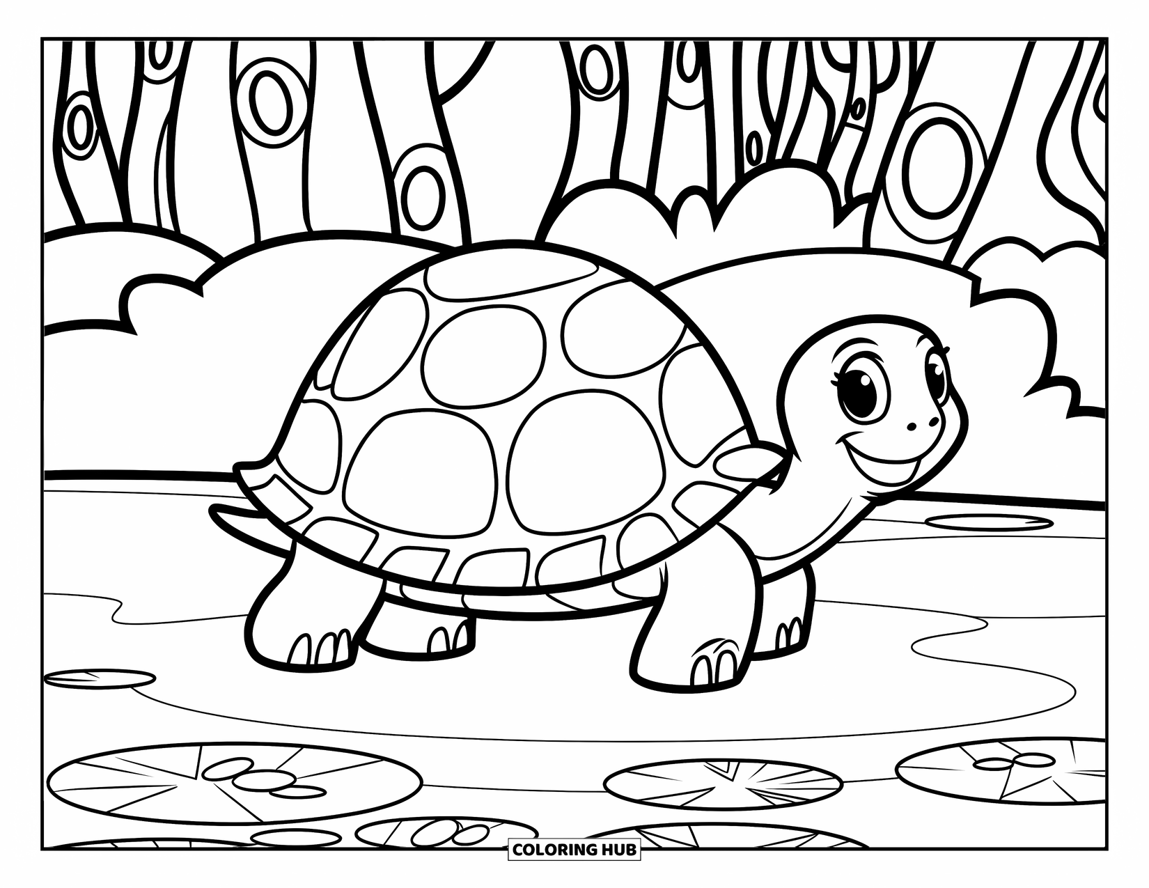 Pet Coloring Page for Kids: A turtle with a patterned shell strolls beside a quiet pond