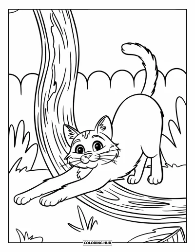 Desenho de animais de estimação para colorir para crianças: Um gato de olhos arregalados se espreguiça perto de um arranhador com algumas plantas ao redor