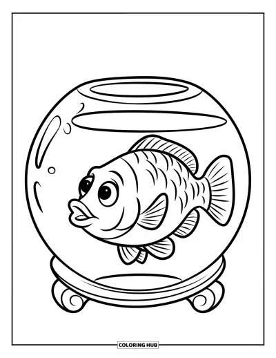 Desenho de animais de estimação para colorir para crianças: Um peixe de olhos arregalados nada em sua redonda com um sorrisão