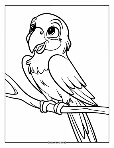 Desenho de animais de estimação para colorir para crianças: Um papagaio de olhos grandes senta calmamente em um galho curvado