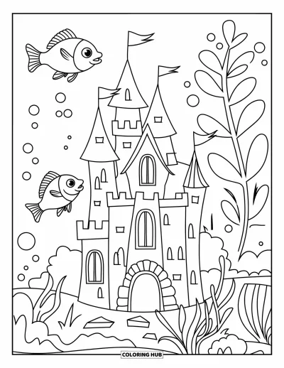 Desenho de animais de estimação para colorir para crianças: Peixes nadam ao redor de um pequeno castelo em um aquário cheio de plantas