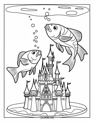 Desenho de animais de estimação para colorir para crianças: Dois peixes exploram um castelo detalhado em seu aquário cristalino
