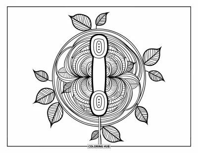 Coloriage de téléphone pour adultes : Un combiné téléphonique classique encadré de feuilles artistiques et de cercles floraux
