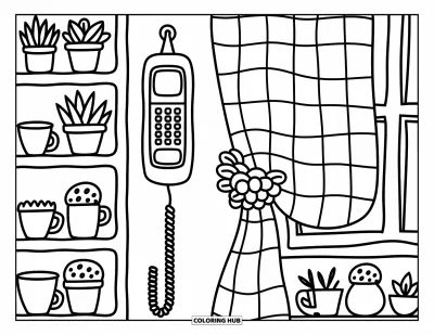 Coloriage de téléphone pour adultes : Un téléphone mural classique accroché près d'étagères avec des tasses, des plantes et un rideau douillet