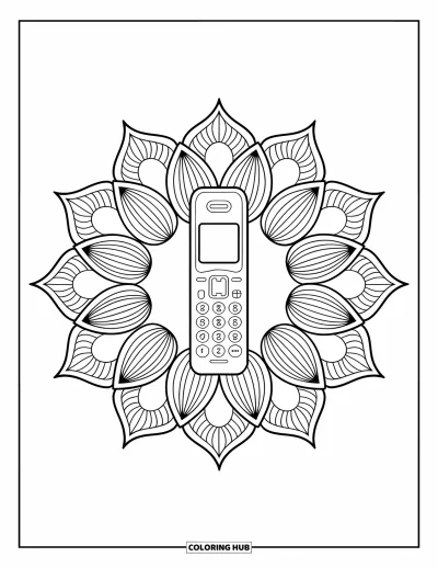 Coloriage de téléphone pour adultes : Un téléphone sans fil posé dans un motif de pétales en forme de lotus