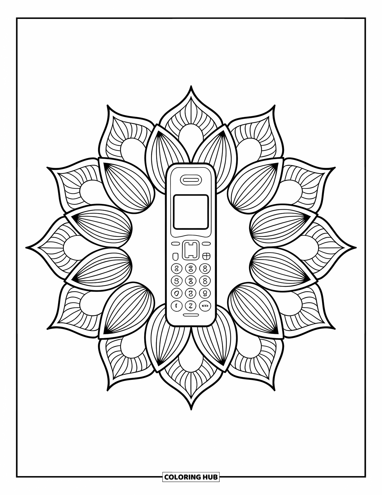 Phone Coloring Page for Adults: A cordless phone rests inside a lotus-like petal pattern