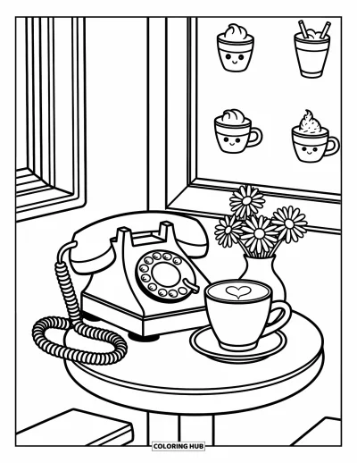 Coloriage de téléphone pour adultes : Une table de café avec un téléphone, un latte et des fleurs à côté d'un menu illustré de doodles