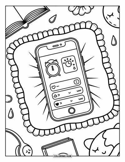 Coloriage de téléphone pour adultes : Un mignon téléphone sur un coussin entouré d'objets réconfortants comme des livres et des chouchous