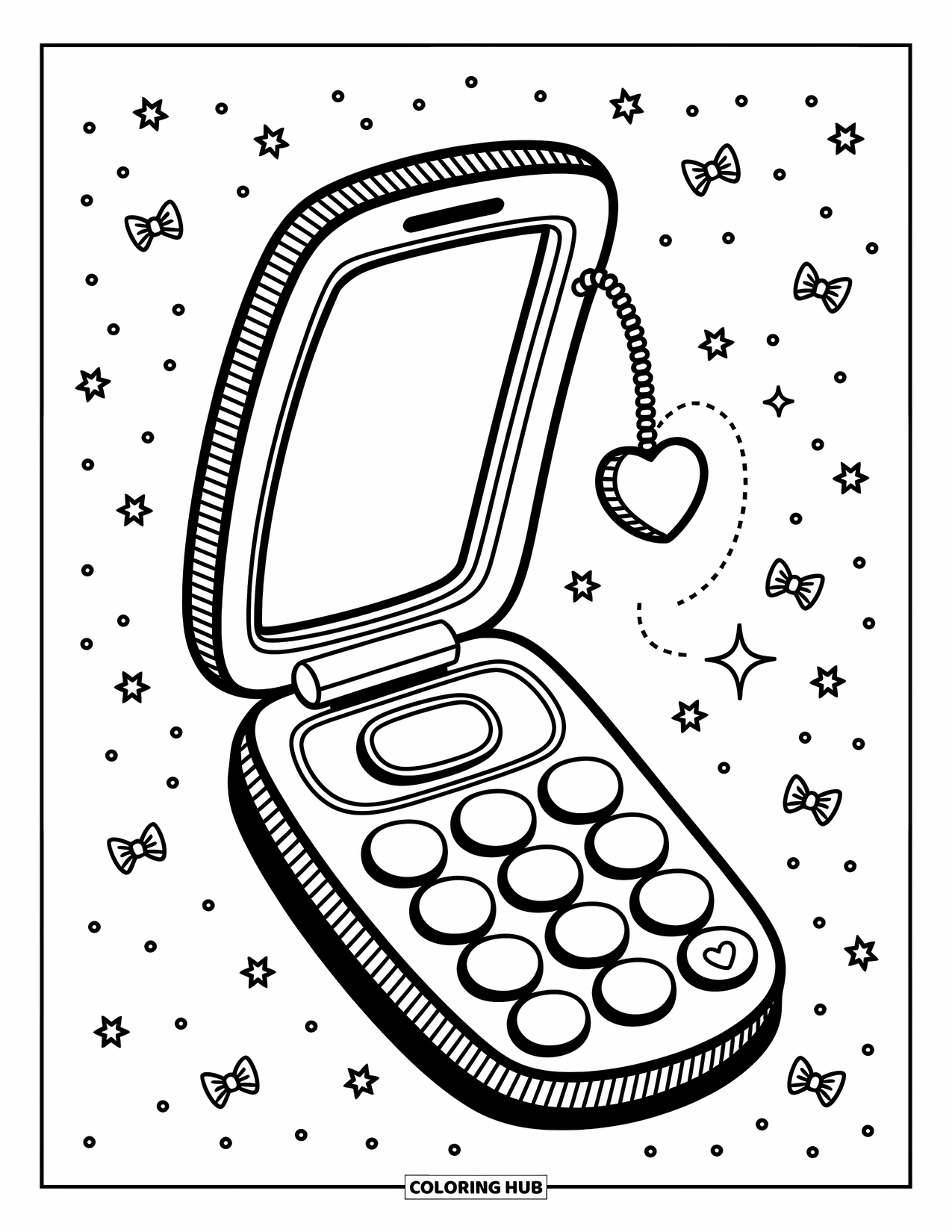 Phone Coloring Page for Adults: A flip phone with round buttons and a dangling heart charm floats among stars and bows