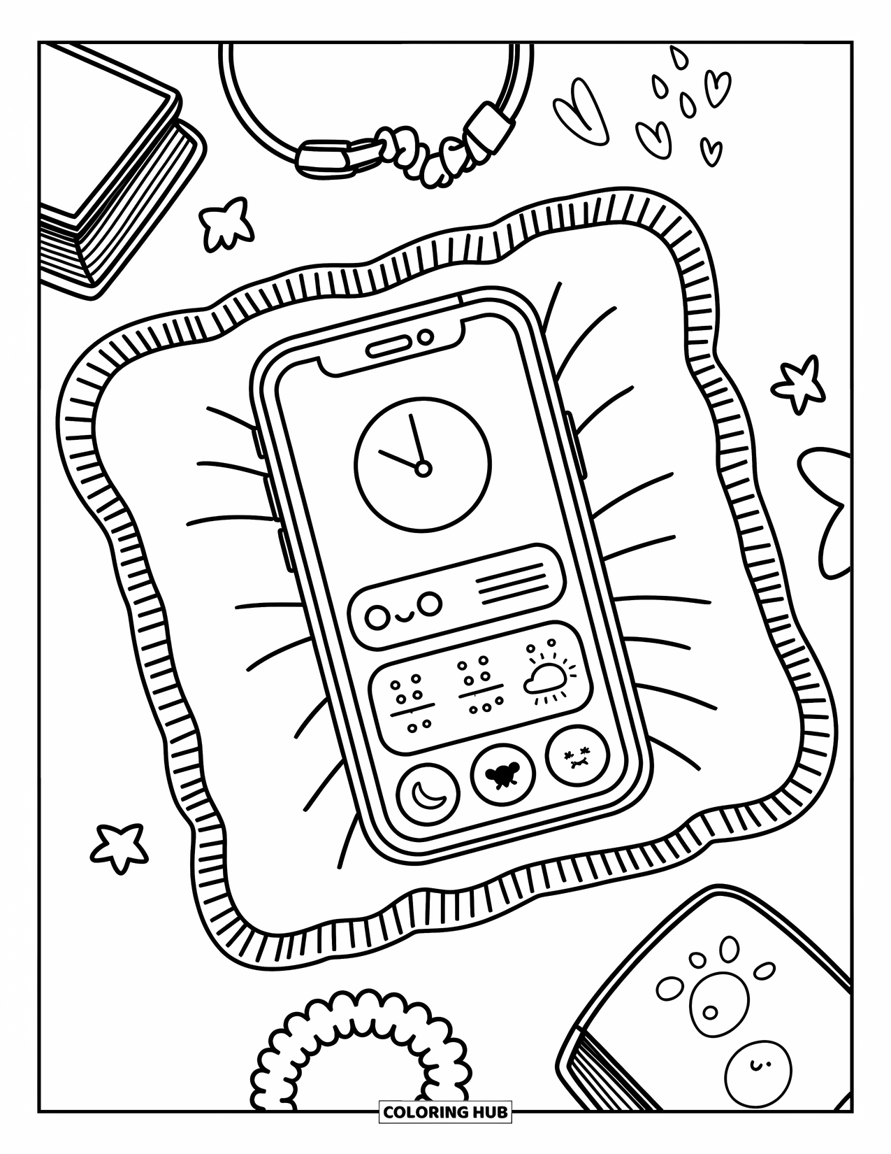 Phone Coloring Page for Adults: A kawaii smartphone rests on a frilly pillow with headphones, book, and moon plush