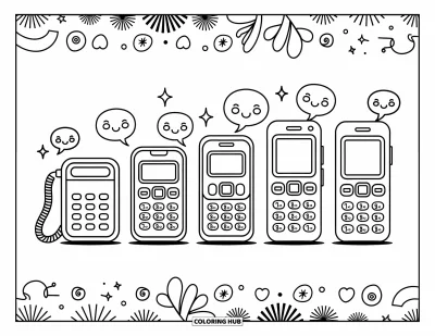 Coloriage de téléphone pour adultes : Une série de téléphones illustre l'évolution de la technologie, chacun orné de stickers et de bulles souriantes